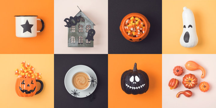 Halloween holiday concept with jack o lantern pumpkin and decorations