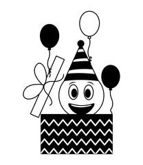 birthday face emoticon in gift box balloons black and white