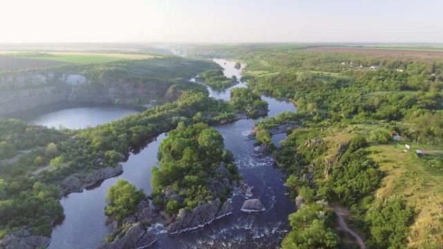 The Southern Bug River. Picturesque rocks and river rapids.
