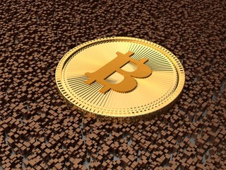 The image of the cryptocurrency bitcoin Golden coin on a metal base top cubes, pixels. International banking, transnational currency, wealth and stability. 3D rendering