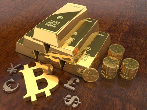 Illustration of a pyramid of gold bars and coins with gold bitcoin symbols and cryptocurrency coins. 3D rendering.
