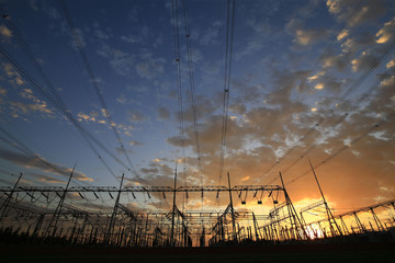 Substation in the evening, the silhouette of the power supply facilities