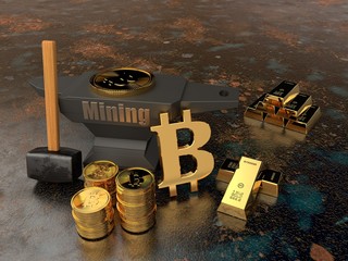 the anvil and hammer on the metal background and lots of gold ingots, coins, cryptocurrency. Sign of bitcoin The idea of mining the Internet of money A symbol of stability and prosperity. 3d rendering