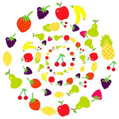 Multicolored fruits in the style of flat are collected in a circle