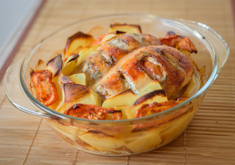 Baked chicken breast with potatoes, front view.
