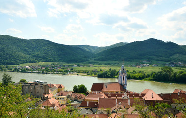View of the town and Donau river with the castle Dürnstein in the Wachau Krems Austria.