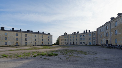 Fototapeta na wymiar Barracks in Suomenlinna, Castle of Finland in English, an island fortress in the Gulf of Finland, protecting the capital city of Helsinki. Suomenlinna is an UNESCO World Heritage Site.