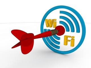 the image of the target mark Wi Fi and text indicating Wai Wai zone, and the dart hit the target. In the style of vector graphics The idea of a productive and comfortable work and success 3D rendering