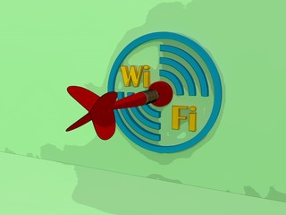 the image of the target mark Wi Fi and text indicating Wai Wai zone, and the dart hit the target. In the style of vector graphics The idea of a productive and comfortable work and success 3D rendering
