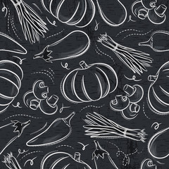 Seamless Patterns with vegetable.Grunge blackboard with  pepper, eggplant and  pumpkin.Ideal for printing onto fabric and paper or scrap booking.