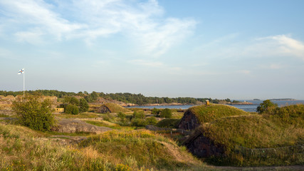 Fototapeta na wymiar Bastions in Suomenlinna, Castle of Finland in English, an island fortress in the Gulf of Finland, protecting the capital city of Helsinki. Suomenlinna is an UNESCO World Heritage Site.