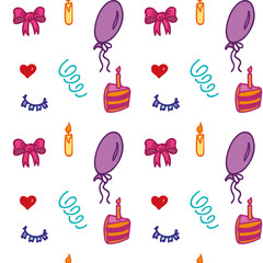 Seamless Vector Pattern. Happy Birthday Elements - baloons, cake, confetti, candle. Hand Drawn