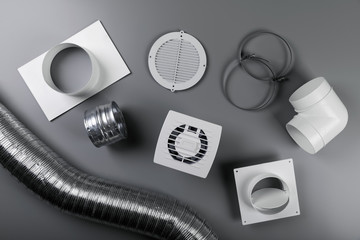 ventilation system equipment on gray background. top view - obrazy, fototapety, plakaty