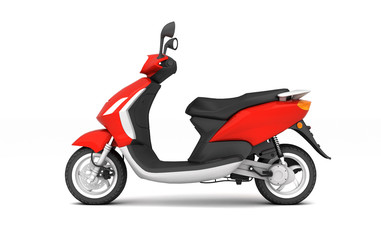 3D Rendering of red modern motor scooter isolated on white background. Side view of red moped.