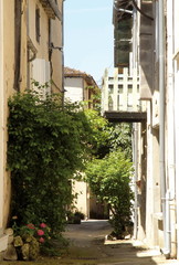 Ville d' Eymet, vieille ruelle fleurie et ombragée avec balcon, département de la Dordogne, Périgord, France