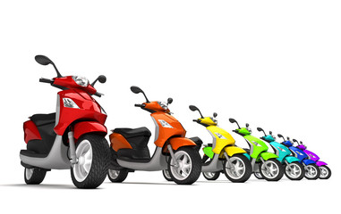 3D Rendering of group multicolored modern motor scooters in row isolated on white background. Perspective