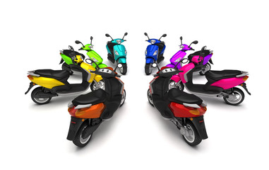 3D Render. Group of modern multicolored motor scooters stands like circle sign front to center. Isolated on white background. Perspective.