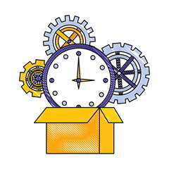 cardboard box clock gears team work drawing
