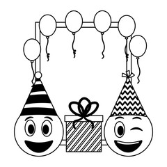 emoji kawaii with gift box present and balloons helium