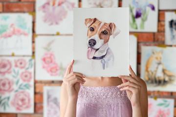 art of drawing. handmade craft. watercolor paintings of a talented painter. beautiful jack russell...