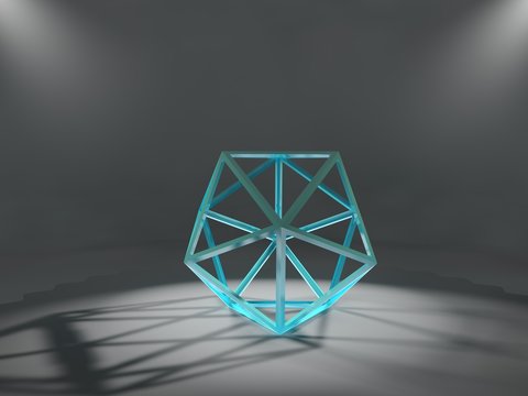 the image of the octahedral lattice, glowing geometric shapes blue color, illuminated by two spotlights of the Studio. Abstraction, the idea of perfection and wisdom. 3D rendering