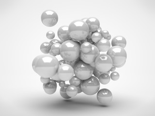 The image of the array of balls flying black reflective gold metal cluster molecules. Abstraction on a white background. Image with depth of field. 3D rendering