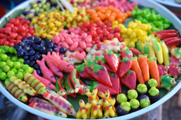Deletable Imitation Fruits. (Kanom Look Choup) candy of thailand