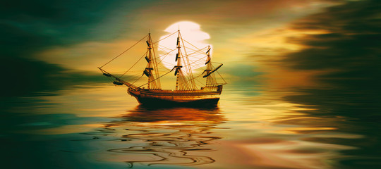 Old ship drifting over sea at sunset in sky.   © F@natka