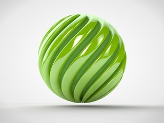 The image of a sphere formed green spiraled ribbons, inside of which is a dark green ball. The idea of harmony and perfection, success and prosperity. 3D rendering on white background.
