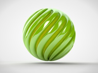 The image of a sphere formed green spiraled ribbons, inside of which is light ball. The idea of harmony and perfection, success and prosperity. 3D rendering on white background.