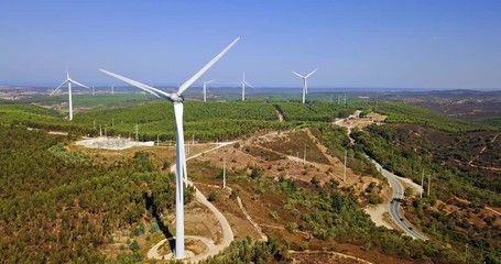 Aerial View Of Wind Turbine Park In Portugal Generating Clean Energy