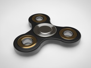 The image of the black spinner in black metal, and gold bearings on a white background. Mechanism, the gear rotation. The idea of movement, of perpetual motion, accuracy and speed. 3D rendering