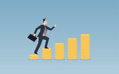 Fototapeta premium Businessman with suits holding briefcase running over golden dollar coin stack graph in flat icon design on blue color background