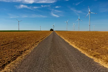 Foto auf Alu-Dibond Country road with white wind turbines. © misign