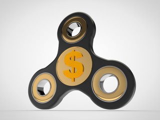 The image of the black spinner with gold bearings and a gold coin dollar in the center. The idea of the mechanism of the international monetary system, the banking system. 3D rendering