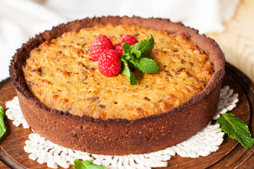 Homemade chocolate chip cookies pie with walnuts