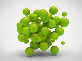 The image array flying green balls, a collection of molecules. Abstraction on a white background. 3D rendering