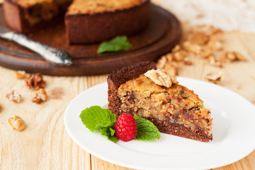 Homemade chocolate chip cookies pie with walnuts