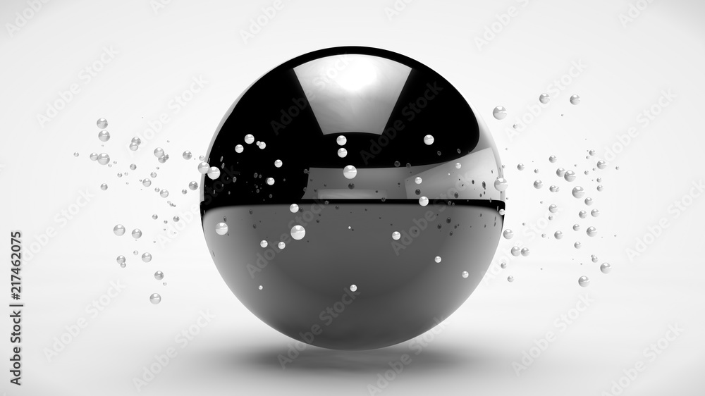 Poster the image of a black sphere in the center of the array floating in weightlessness small white balls.