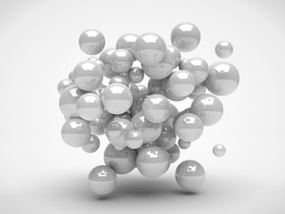 The image of the array of flying white balls, a collection of molecules. Abstraction on a white background. 3D rendering