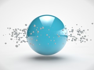 The image of the blue Orb in the center of the array floating in weightlessness small silver balls with depth of field Abstraction the idea of harmony and order, chaos and freedom 3D rendering