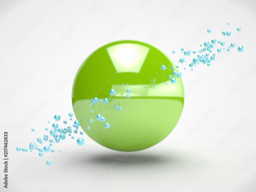 Poster the image of the green sphere in the center of the array floating in the weightlessness of little bl