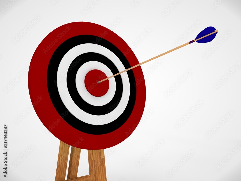 Poster an image of a target of concentric red rings and arrows that hit the target. the image on a white ba