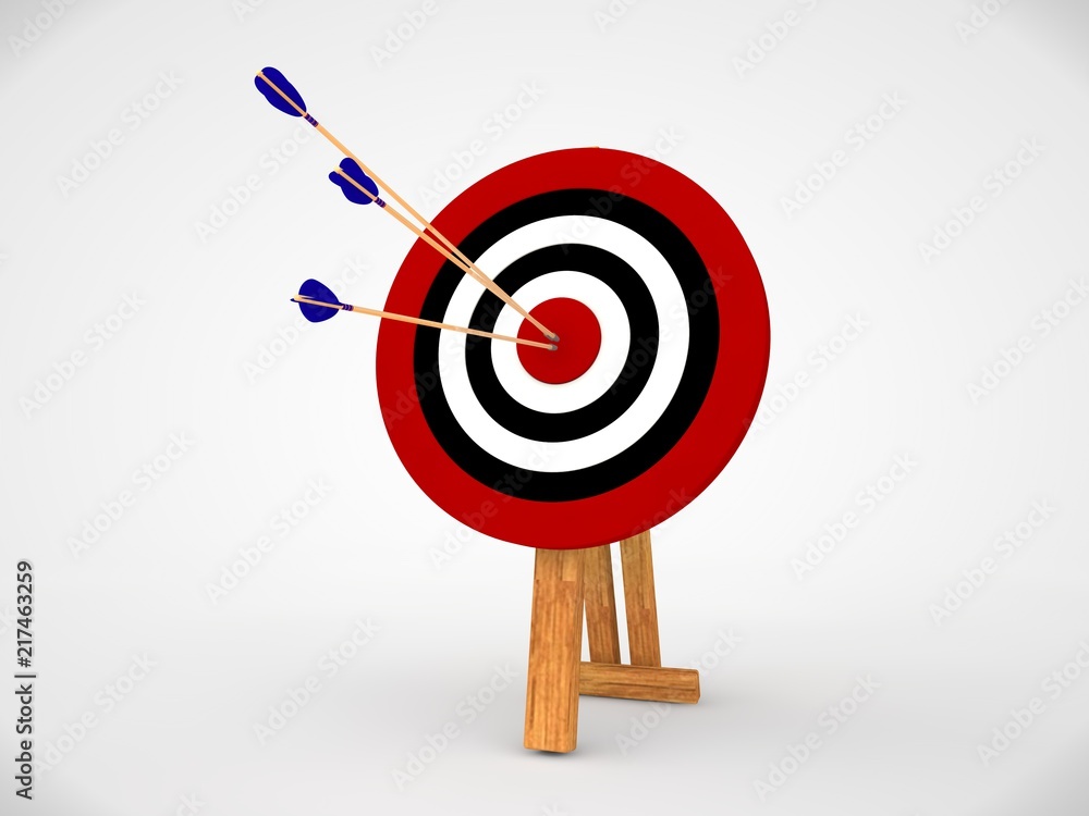 Poster an image of a target of concentric red rings and arrows that hit the target. the image on a white ba