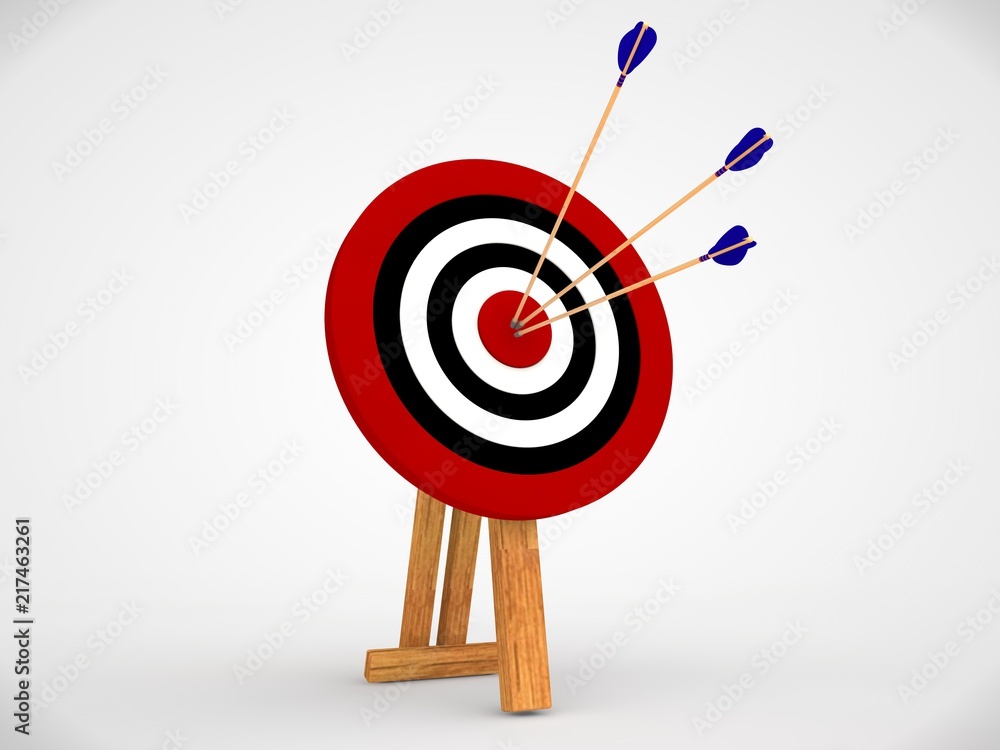 Poster an image of a target of concentric red rings and arrows that hit the target. the image on a white ba