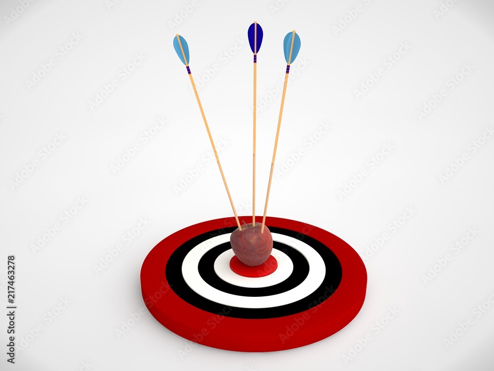 Poster an image of a target of concentric red rings and a few arrows hit the target in the bone. the image 
