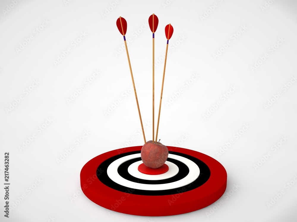 Poster an image of a target of concentric red rings and a few arrows hit the target in the bone. the image 