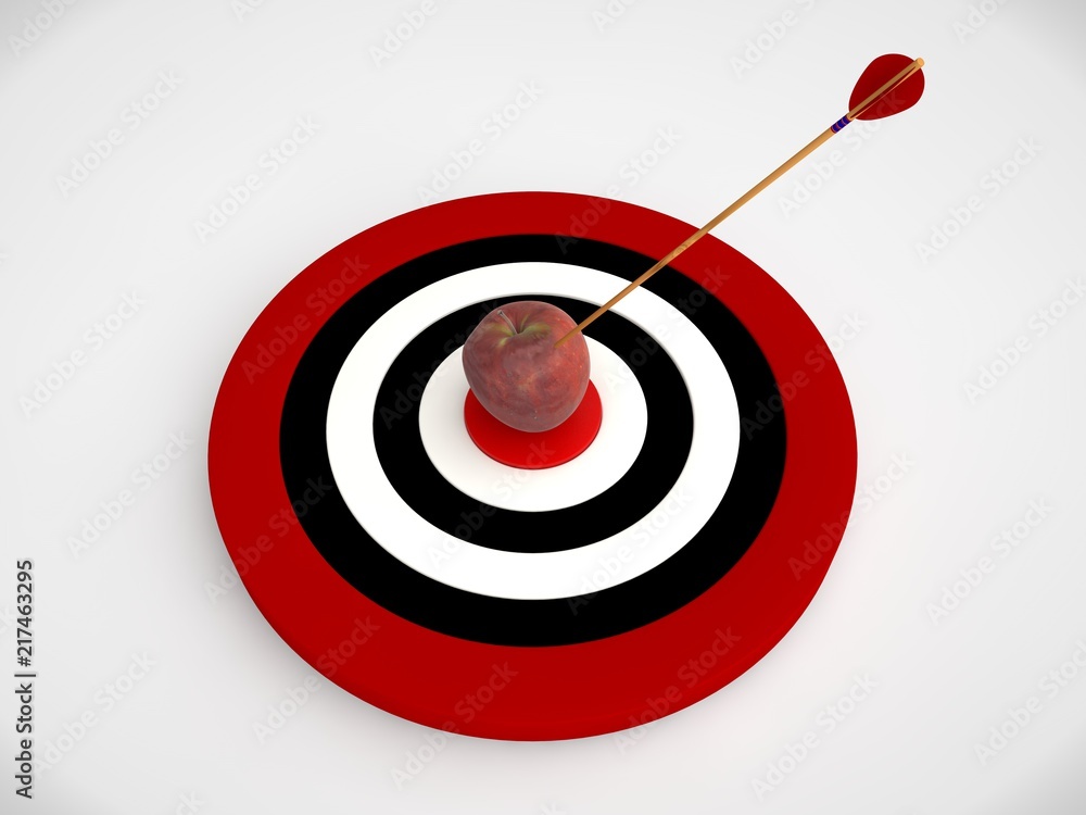 Poster an image of a target of concentric red rings and a few arrows hit the target in the bone. the image 