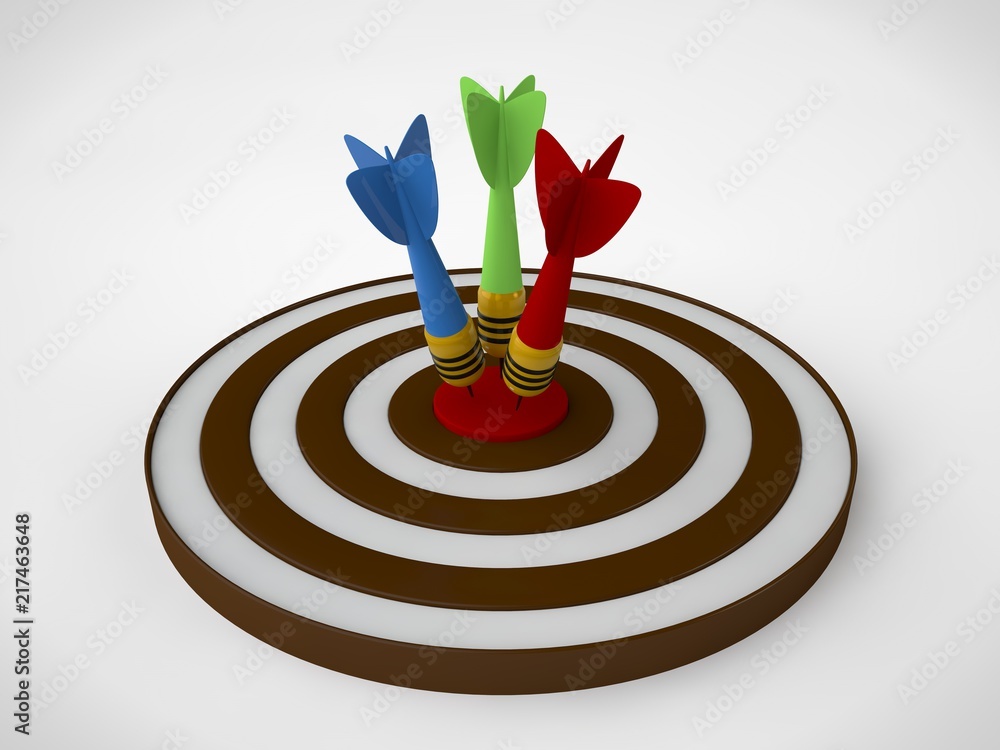 Poster an image of a target of concentric brown rings and a dart hit the target. the image on a white backg