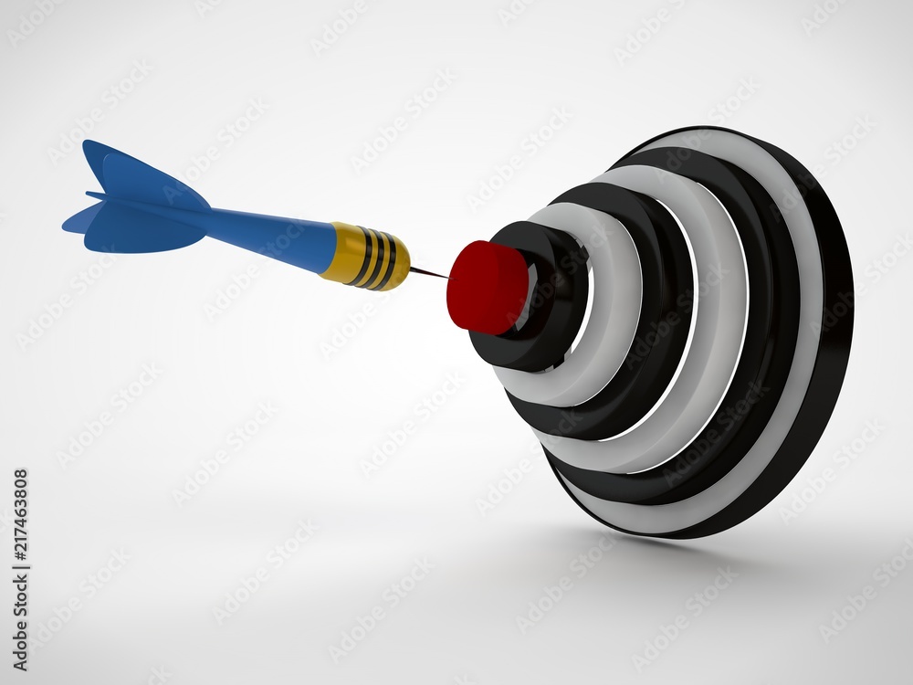Poster an image of a target of concentric brown rings and a dart hit the target. the image on a white backg